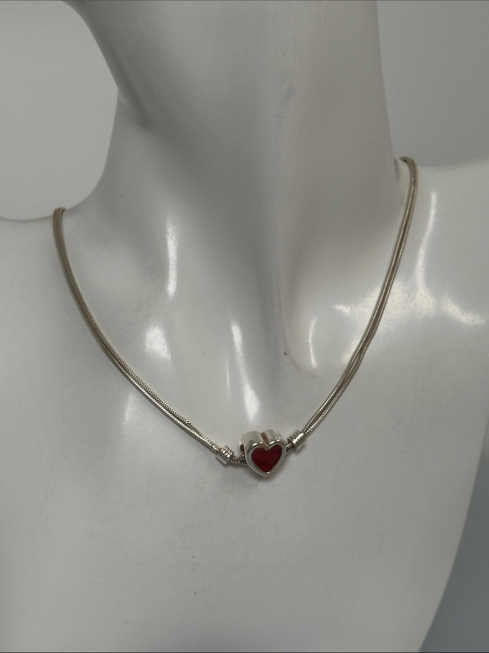 925 Sterling Silver Heart Necklace with Red Enamel Accent made in Italy